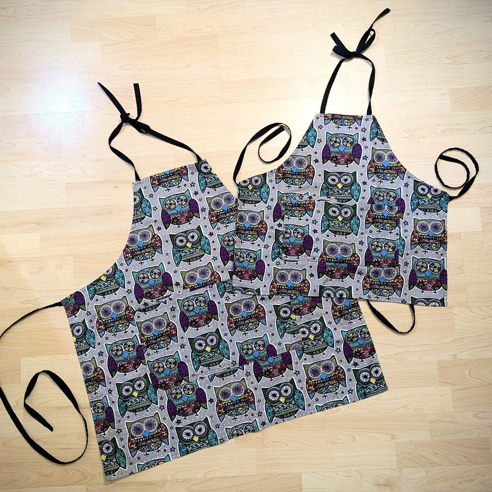 2 Sugar Skull Owl Print Aprons (adult + child)